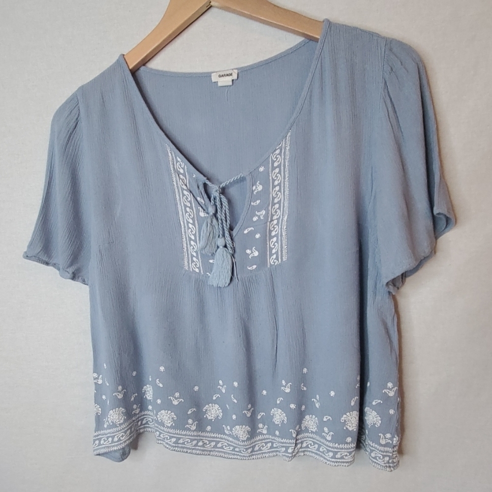 GARAGE | Crop Peasant Blouse with  front tassels